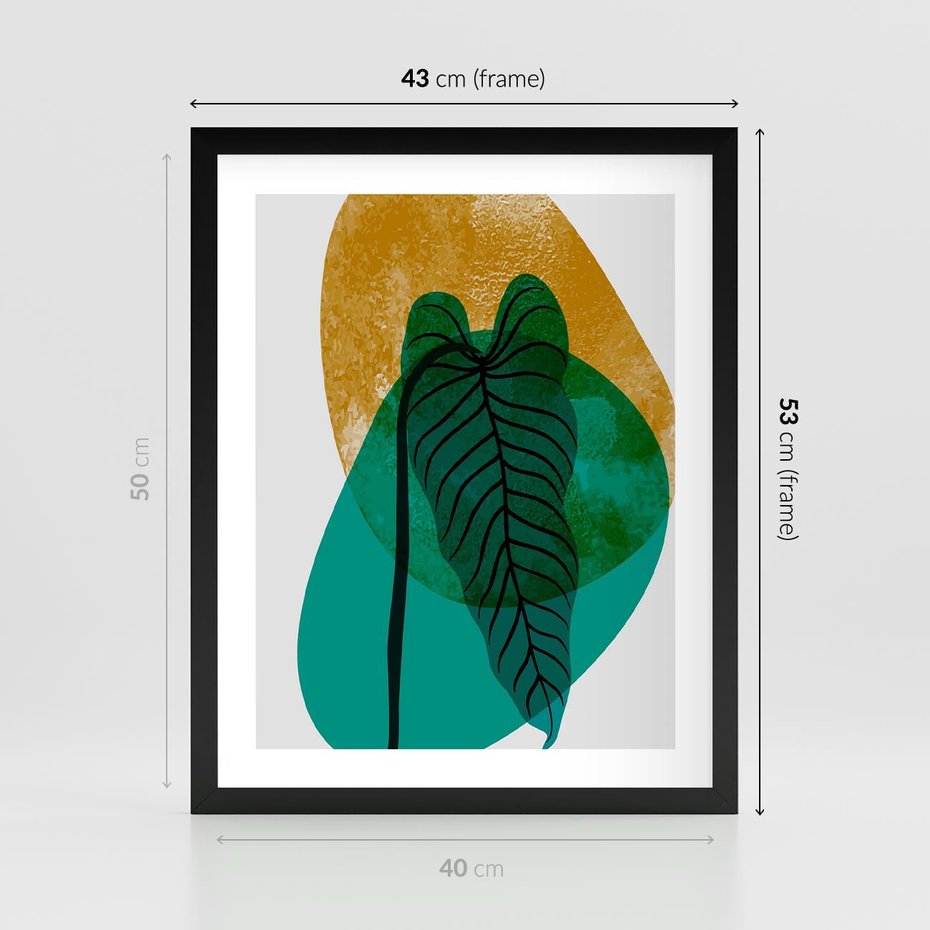 Plakat w ramie 40x50 - Zielony Liść ze Złotą Plamą - zielony liść, złota plama - rama czarna