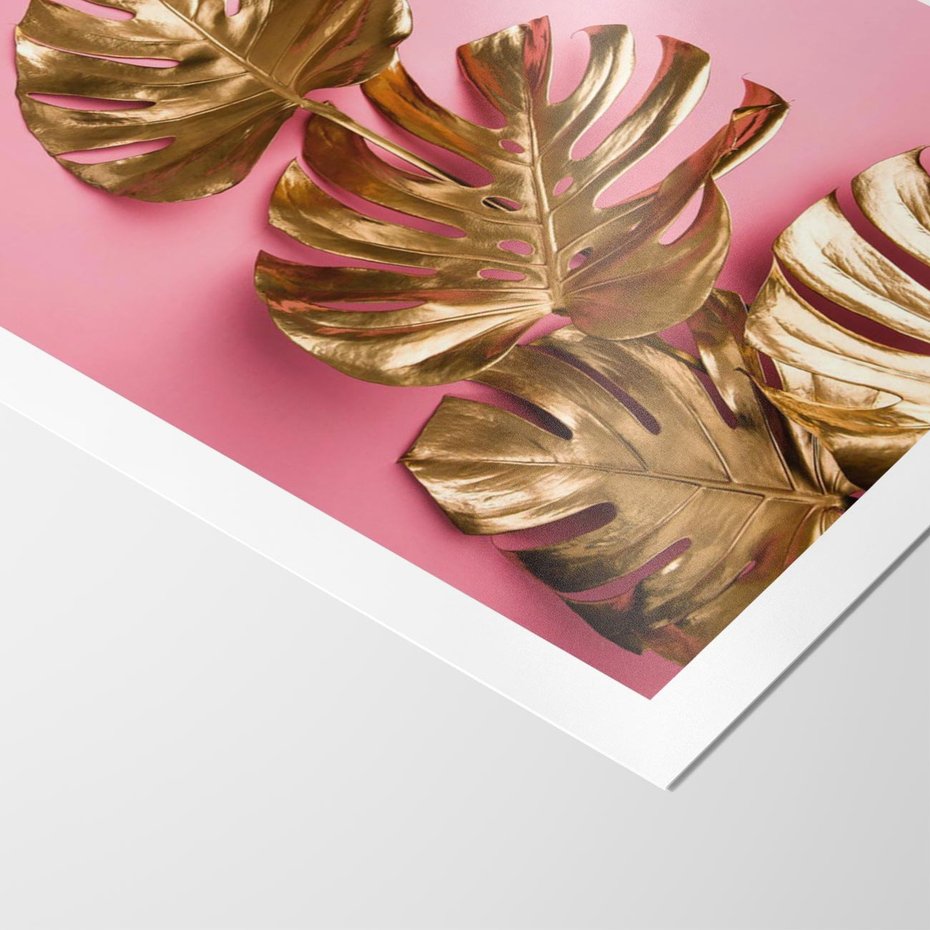 Plakat bez ramy 50x70 - Złote Liście Monstery: Delikatność na Różowym Tle - złote liście monstery, różowe tło
