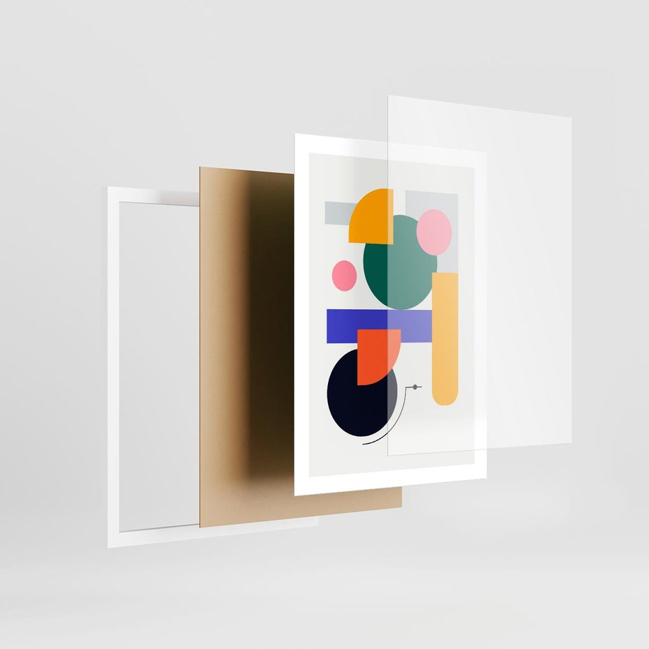 Plakat w ramie 50x70 - Przestrzenne Innowacje - nowoczesna sztuka, geometryczna kolorowa grafika - rama biała