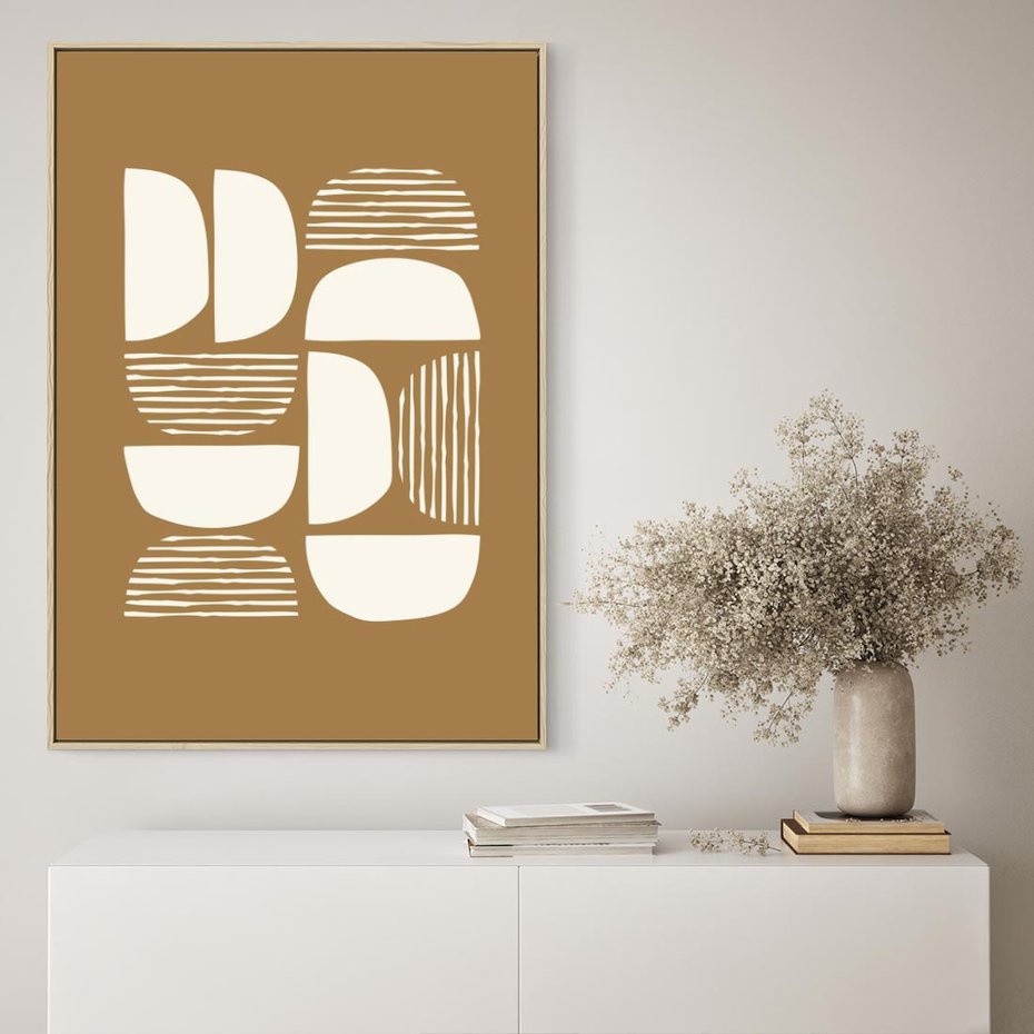Obraz w ramie 70x100 - Wewnętrzne Spektrum - geometryczne boho kształty na brązowym, karmelowym tle - rama drewno