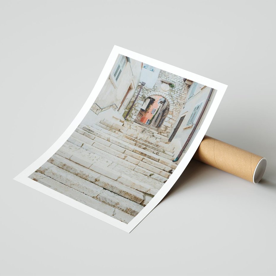 Plakat bez ramy 30x40 - Schody we Włoskim Miasteczku - schody, śródziemnomorskie miasteczko