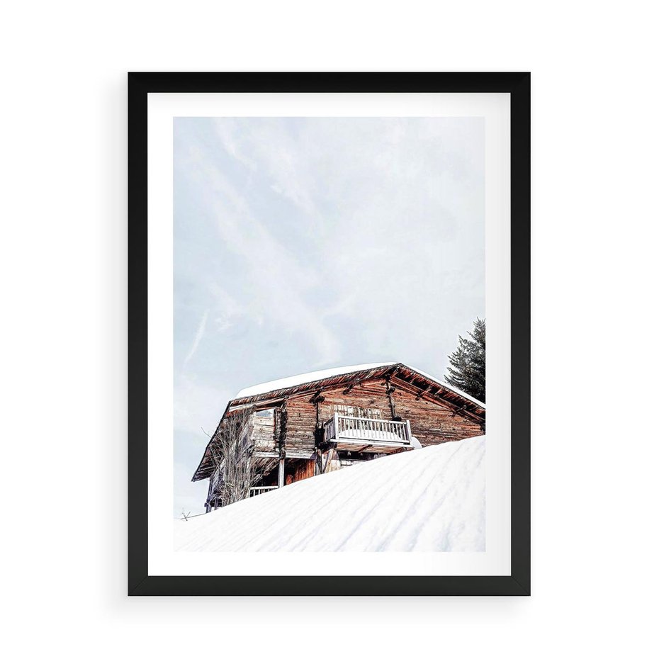 Plakat w ramie 50x70 - Spokój Górskiej Zimy - chatka w górach, domek górski - rama czarna