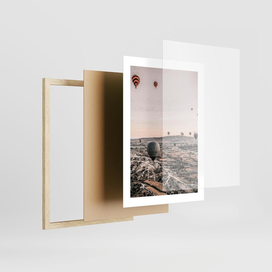 Plakat w ramie 30x40 - Wolność w Powietrzu - balony latające nas pustynnym krajbrazem, balony do latania - rama drewno