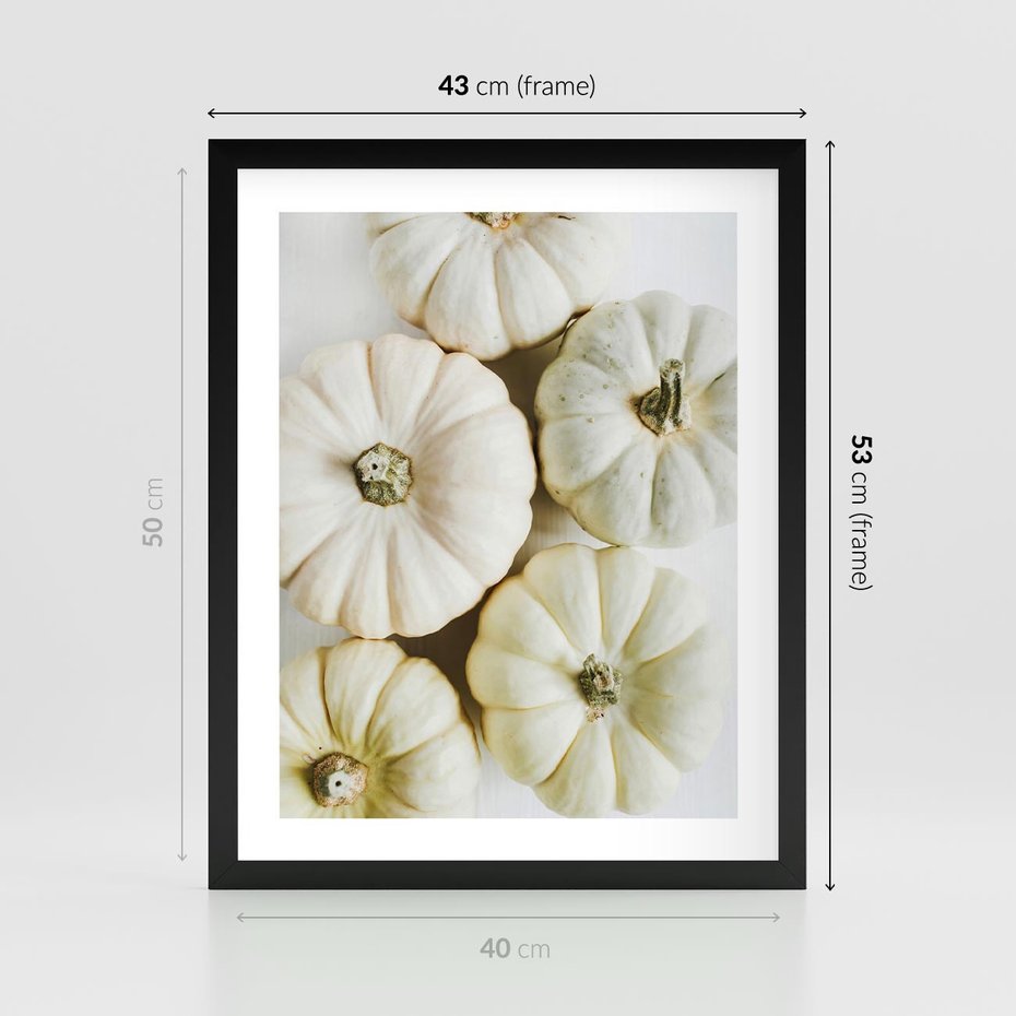 Plakat w ramie 40x50 - Jesienne Dynie: Delikatna Kompozycja - białe dynie, jasna kompozycja - rama czarna