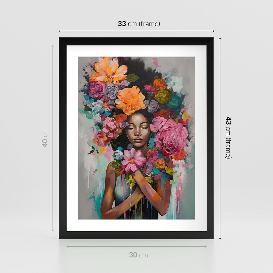 Plakat w ramie 30x40 - Z Głową w Kwiatach - obraz olejny, sztuka nowoczesna - rama czarna