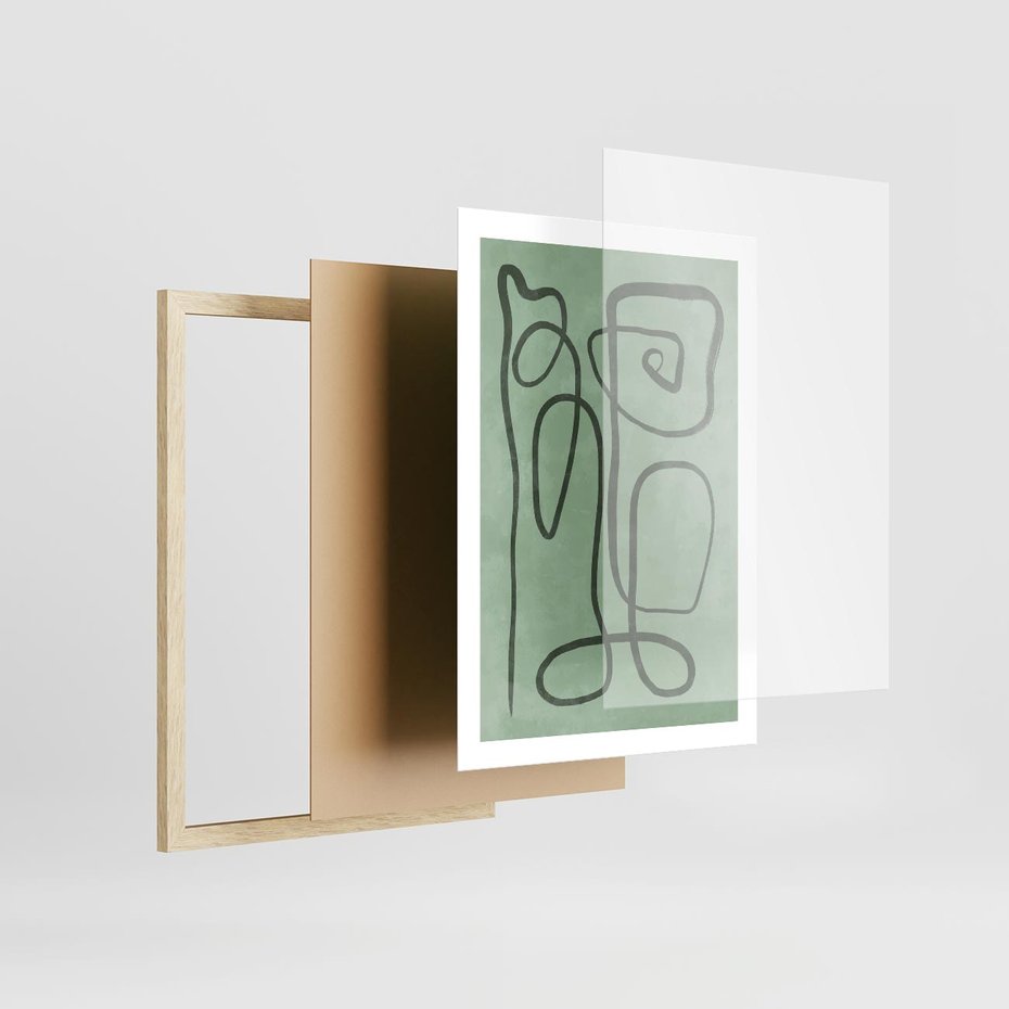 Plakat w ramie 50x70 - Zielone Wariacje w Liniach - abstrakcyjne zielone linie, skandynawski design - rama drewno