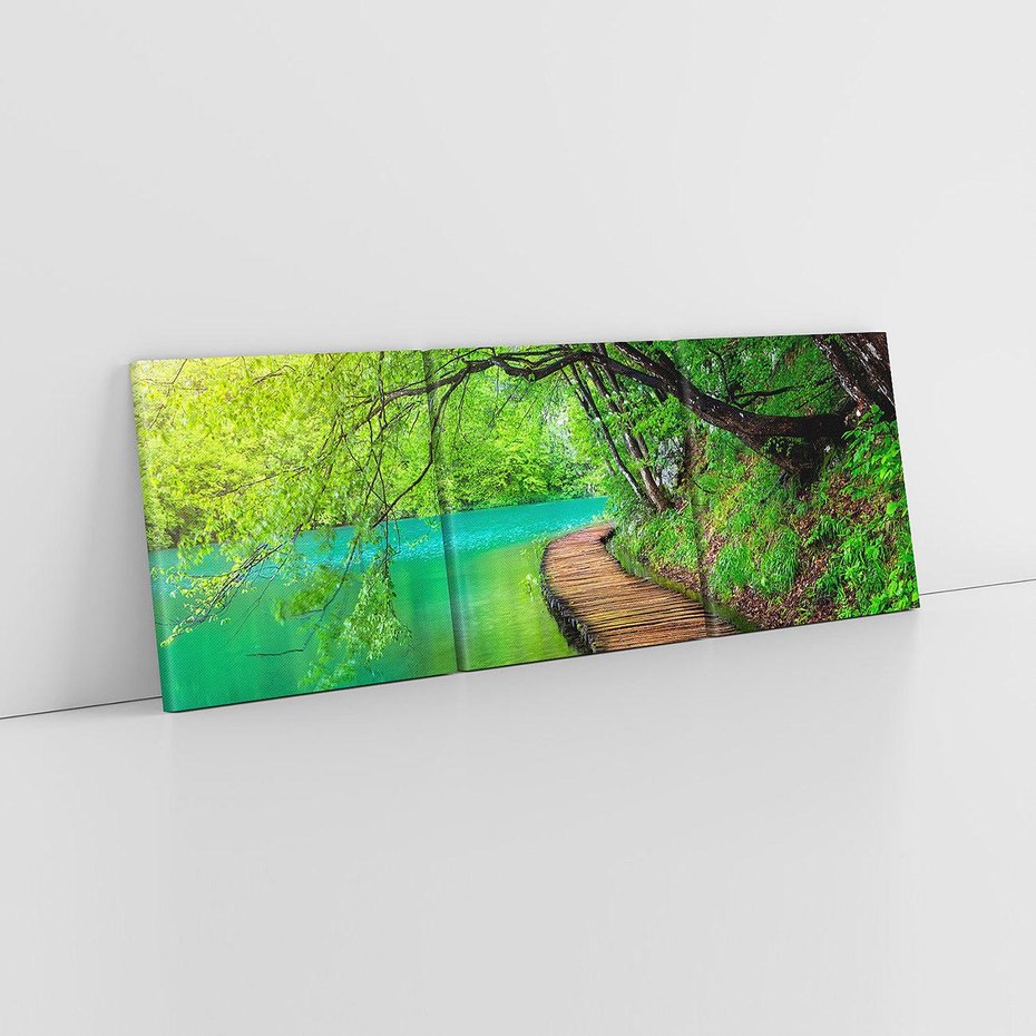 Obraz na płótnie 90x30 - Spokój nad jeziorem: Zatop się w naturze - jezioro, drzewa