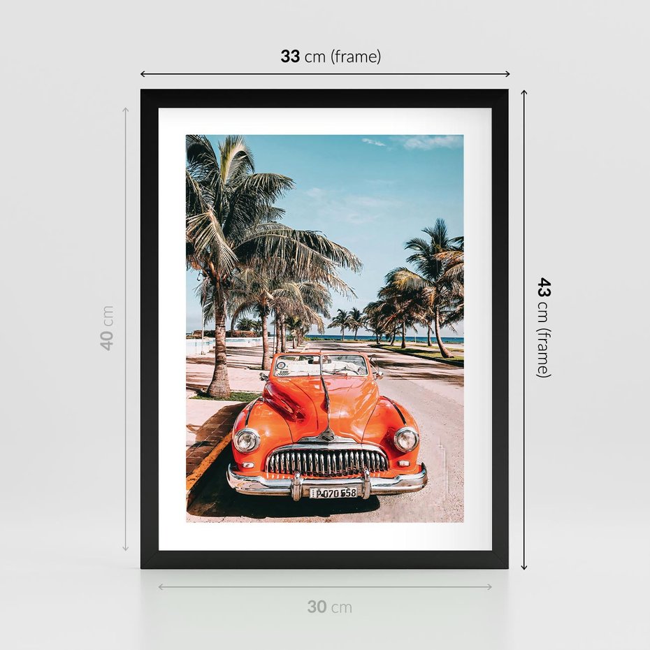 Plakat w ramie 30x40 - Retro Przejażdżka - pomarańczowy retro samochód, kabriolet - rama czarna