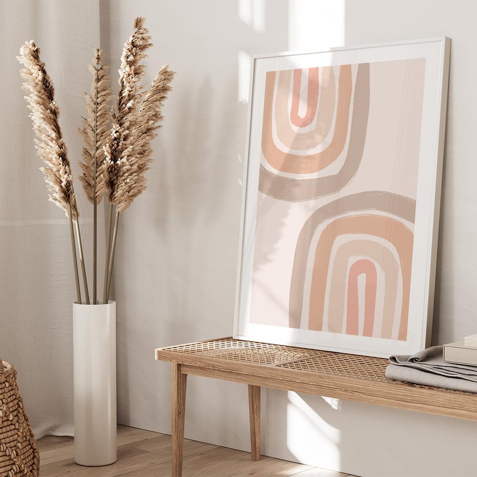 Plakat w ramie 30x40 - Migotliwe Tęczowe Przestrzenie - abstakcyjne tęcze, delikatne odcienie beżu - rama biała