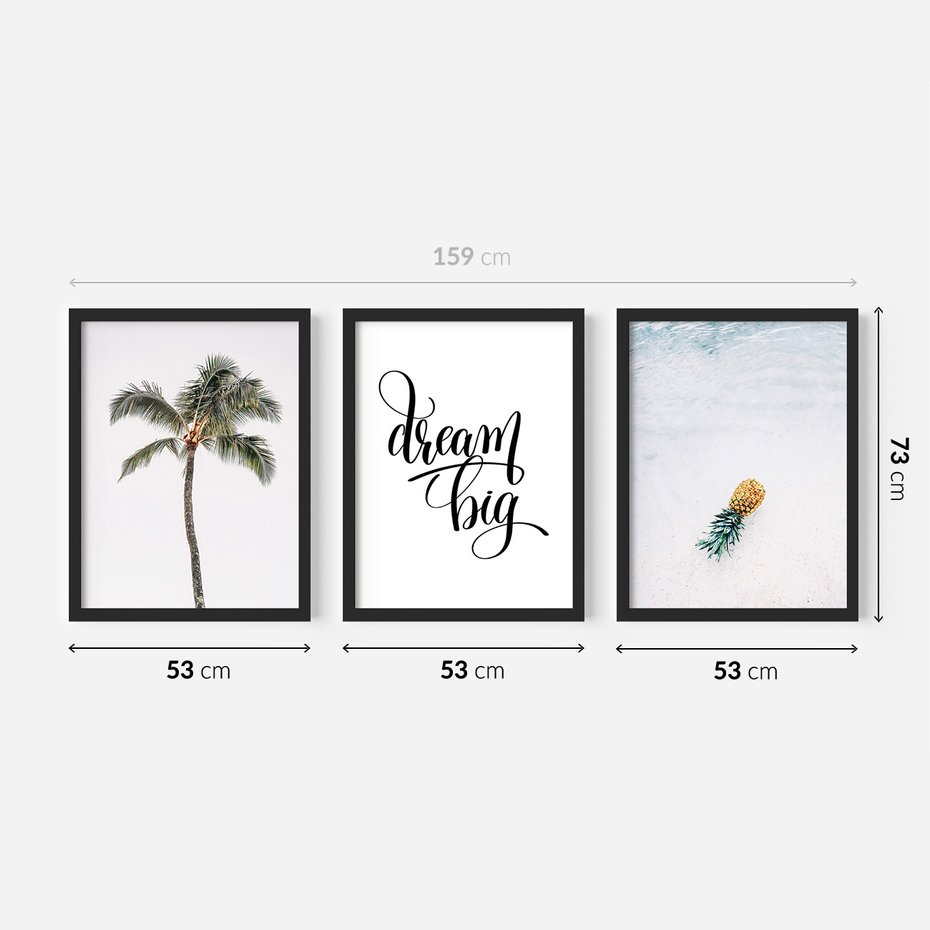 Zestaw obrazy w ramie 50x70 galeria - Cytat, motywacja, plaża, palma - rama czarna