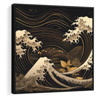 Obraz w ramie 50x50 - Złote Piękno - ciemny obraz, fala morska - rama czarna