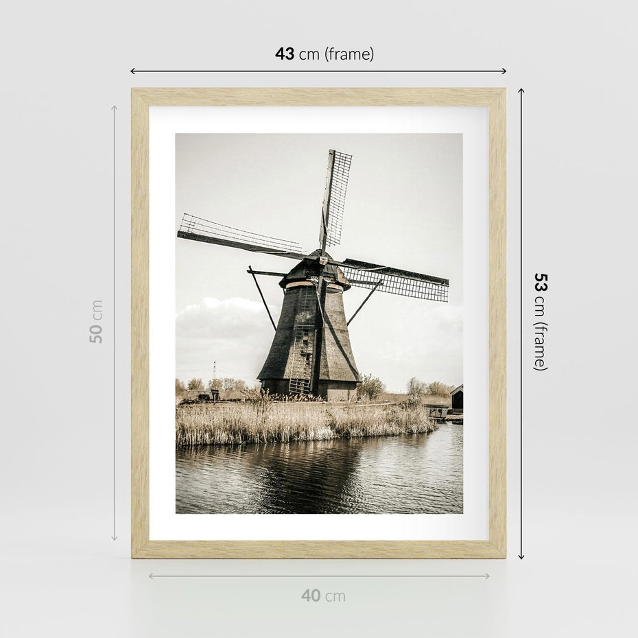 Plakat w ramie 40x50 - Holenderski Wiatrak w Sepii - holenderski wiatrak, młyn - rama drewno