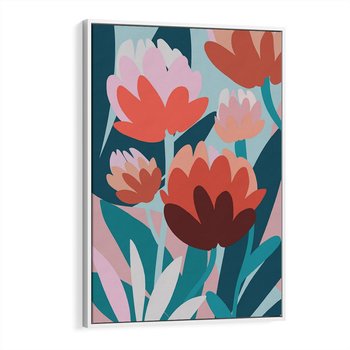 Obraz w ramie 50x70 - Symfonia Kwiatów - abstrakcyjna kompozycja kwiatowych form, kolor zgaszone - rama biała