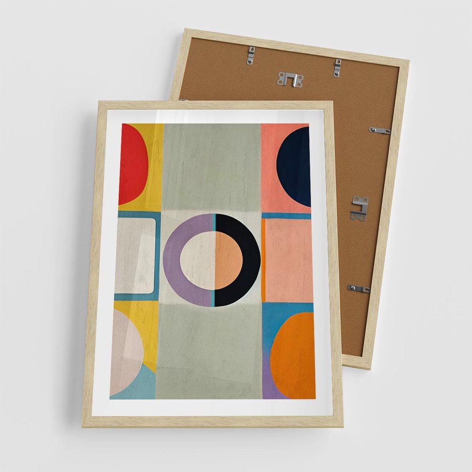 Plakat w ramie 50x70 - Taniec Kształtów Emocji - abstrakcyjne geometryczne kształty, olejny obraz - rama drewno