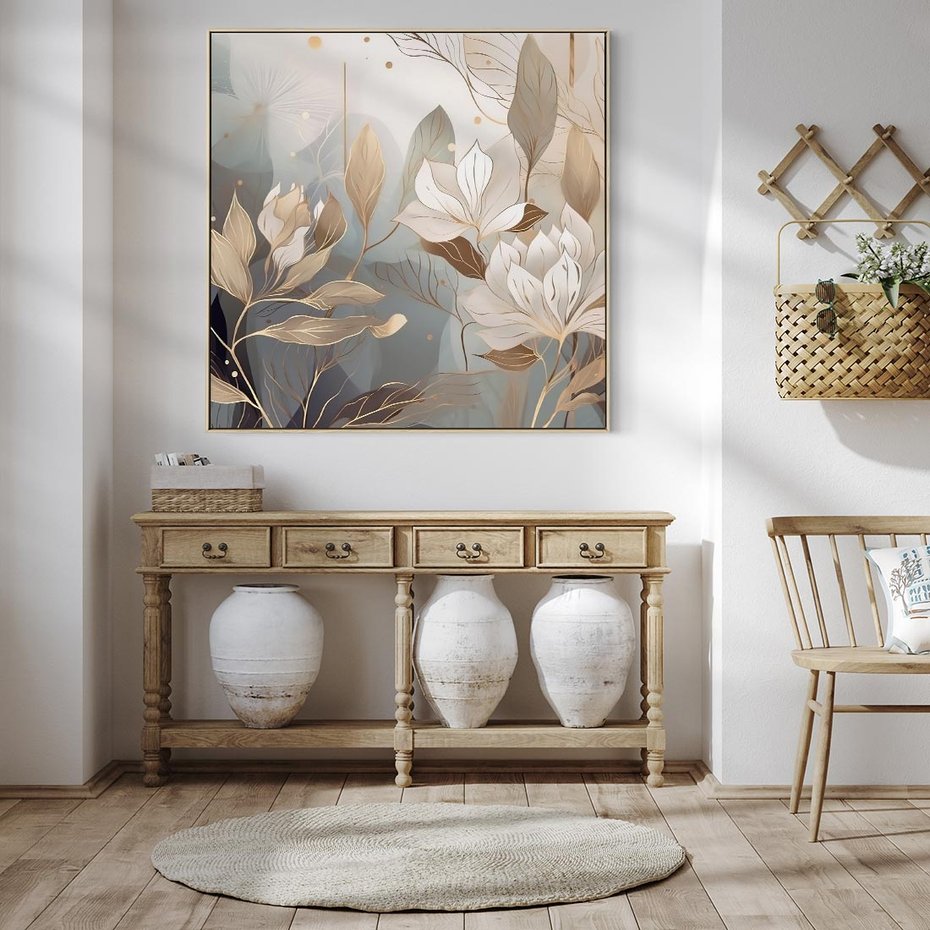 Obraz w ramie 80x80 - Ekspresjonistyczny deszcz uczuć - grafika, złote kwiaty - rama drewno