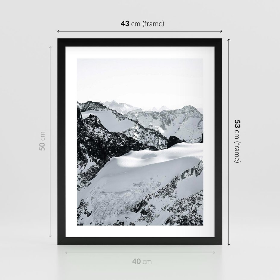 Plakat w ramie 40x50 - Biały Zimowy Pejzaż - góry w zimie, ośnieżone wysokie szczyty - rama czarna