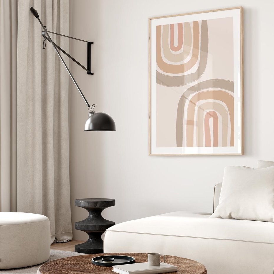 Plakat w ramie 50x70 - Migotliwe Tęczowe Przestrzenie - abstakcyjne tęcze, delikatne odcienie beżu - rama drewno