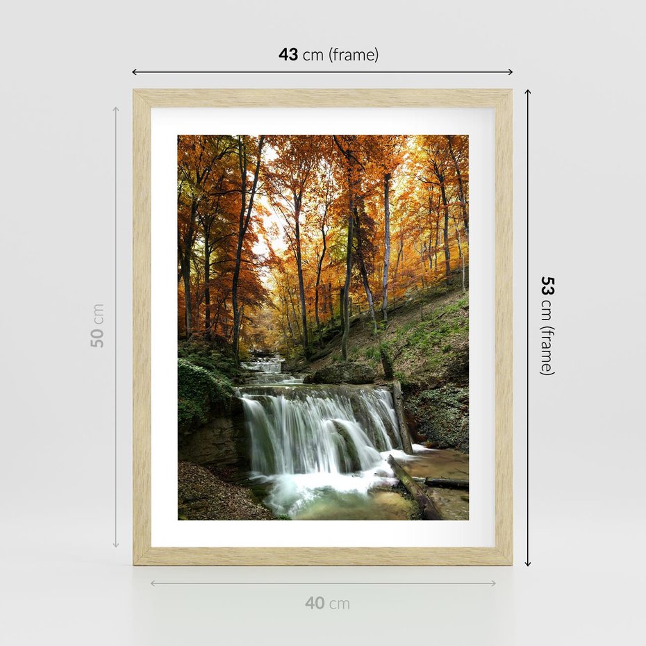 Plakat w ramie 40x50 - Jesienny wodospad w lesie - wodospad, las - rama drewno