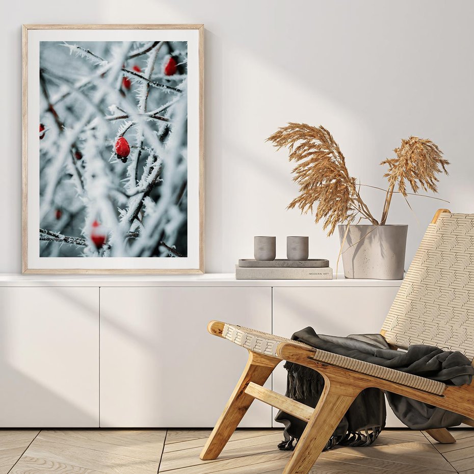 Plakat w ramie 40x50 - Zima na Gałęziach - zima, oszronione gałęzie - rama drewno