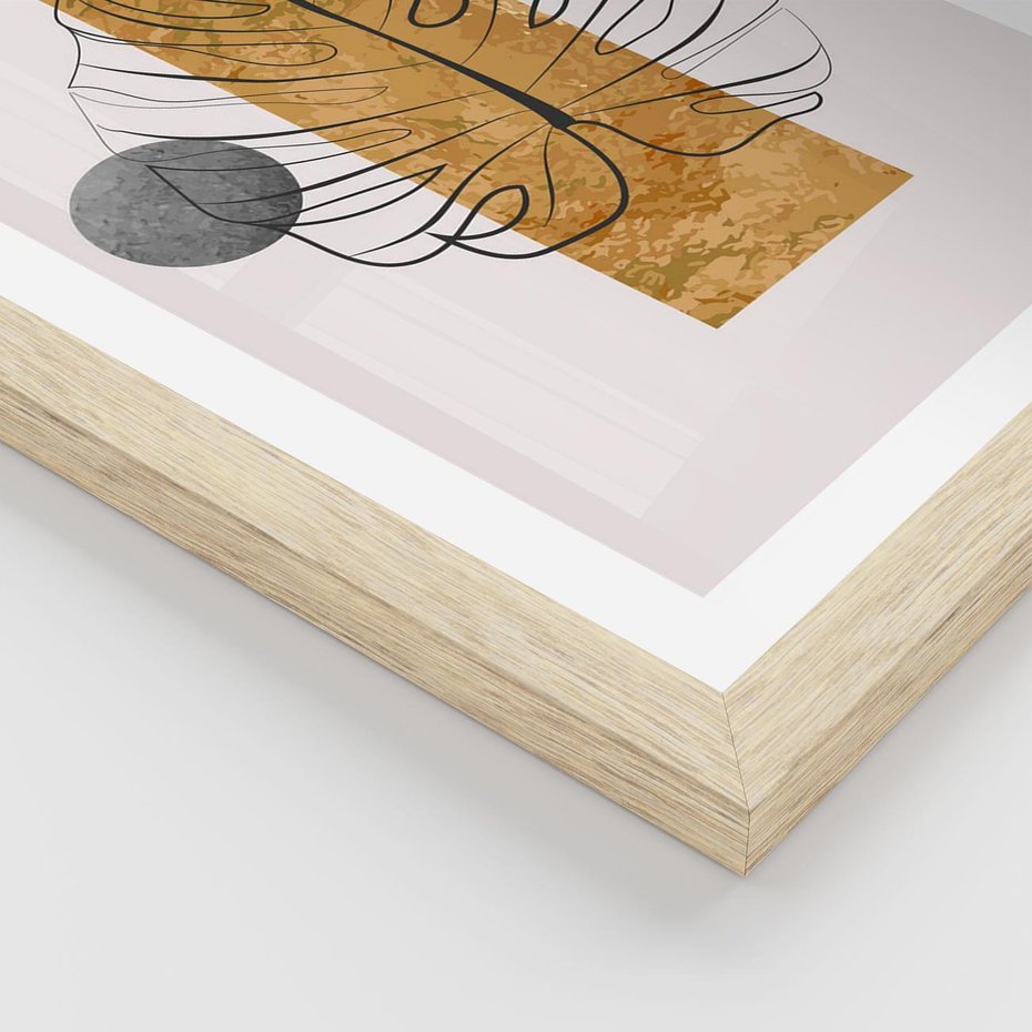 Plakat w ramie 30x40 - Minimalistyczna Monstera: Złoty Prostokąt - liść monstery, minimalizm - rama drewno