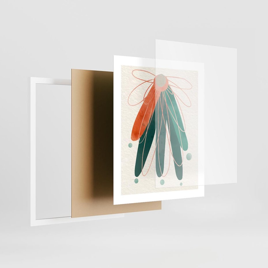 Plakat w ramie 40x50 - Energetyczna Harmonia Kwiatów - akwarelowe abstrakcyjne kształty, zieleń i pomarańcz - rama biała