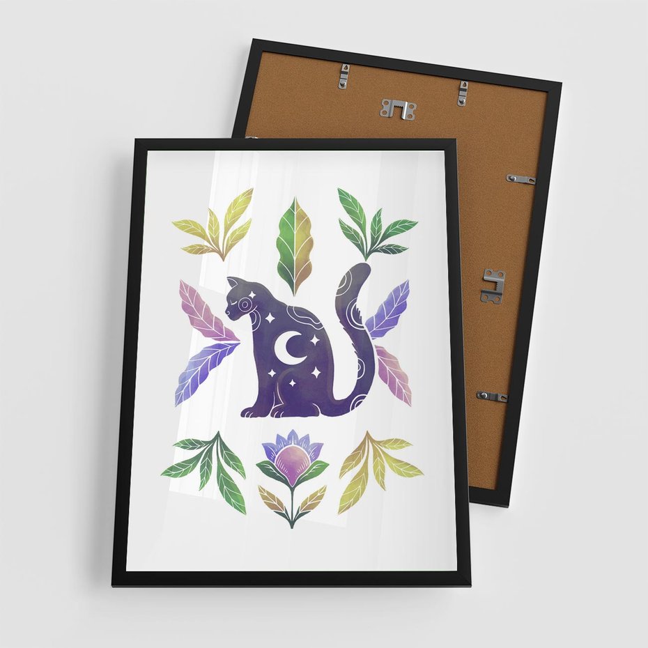 Plakat w ramie 50x70 - Migotliwa Przestrzeń - boho kot, plakat - rama czarna