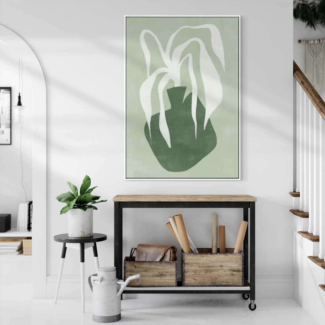 Obraz w ramie 70x100 - Zieleń Pulsującego Spokoju - zielona abstrakcja, zgaszona zieleń - rama biała