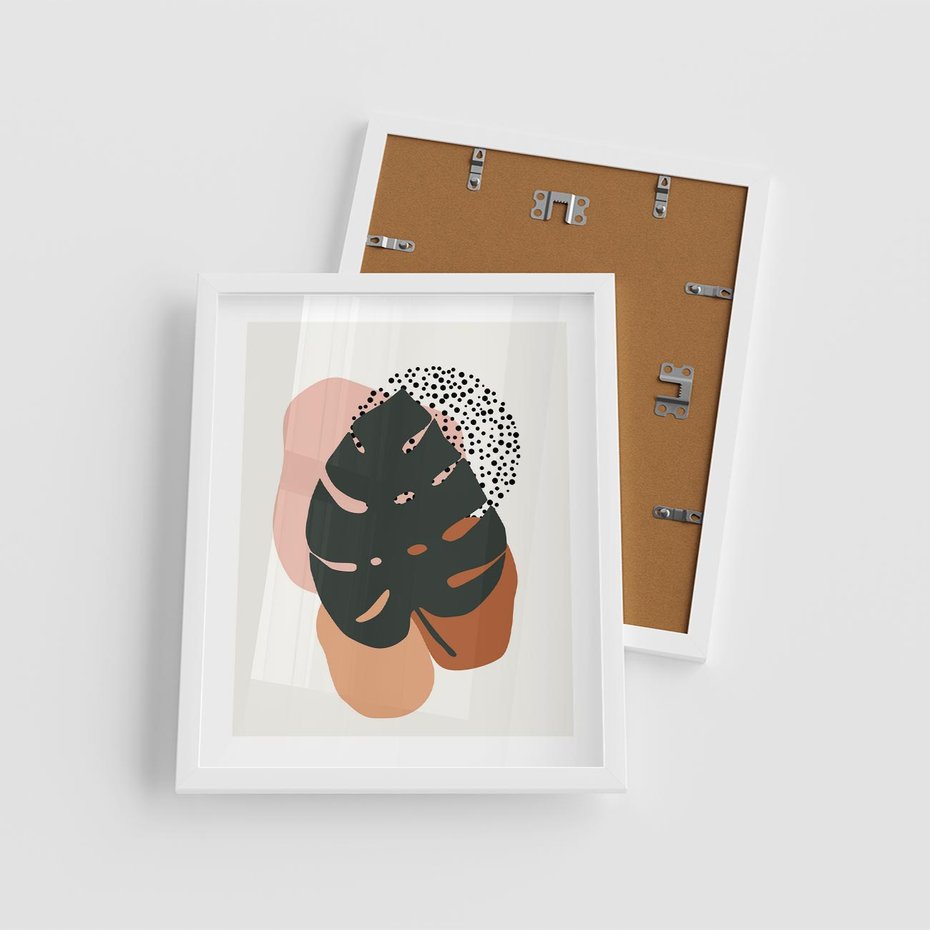 Plakat w ramie 40x50 - Minimalizm w Liściach Monstery: Plamy i Kropki - minimalizm, monstera plamy - rama biała