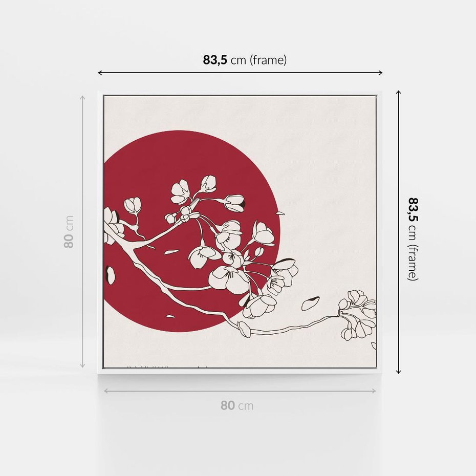 Obraz w ramie 80x80 - Esencja Zen - kwiatnąca wiśnia, orientalna grafika - rama biała