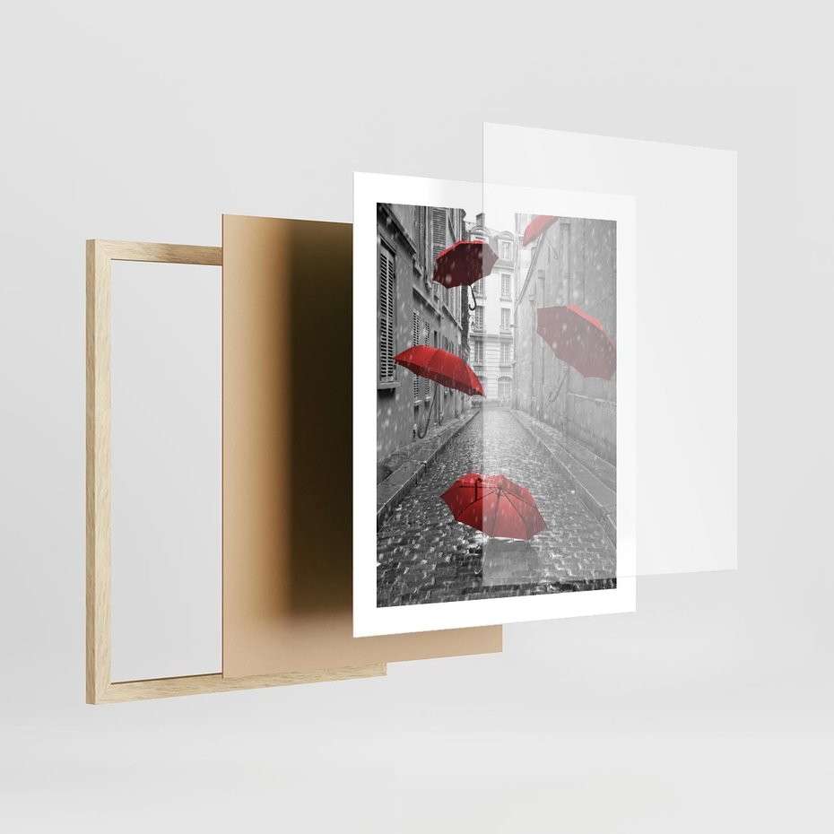 Plakat w ramie 40x50 - Parasole w malowniczej uliczce - parasole, uliczka - rama drewno