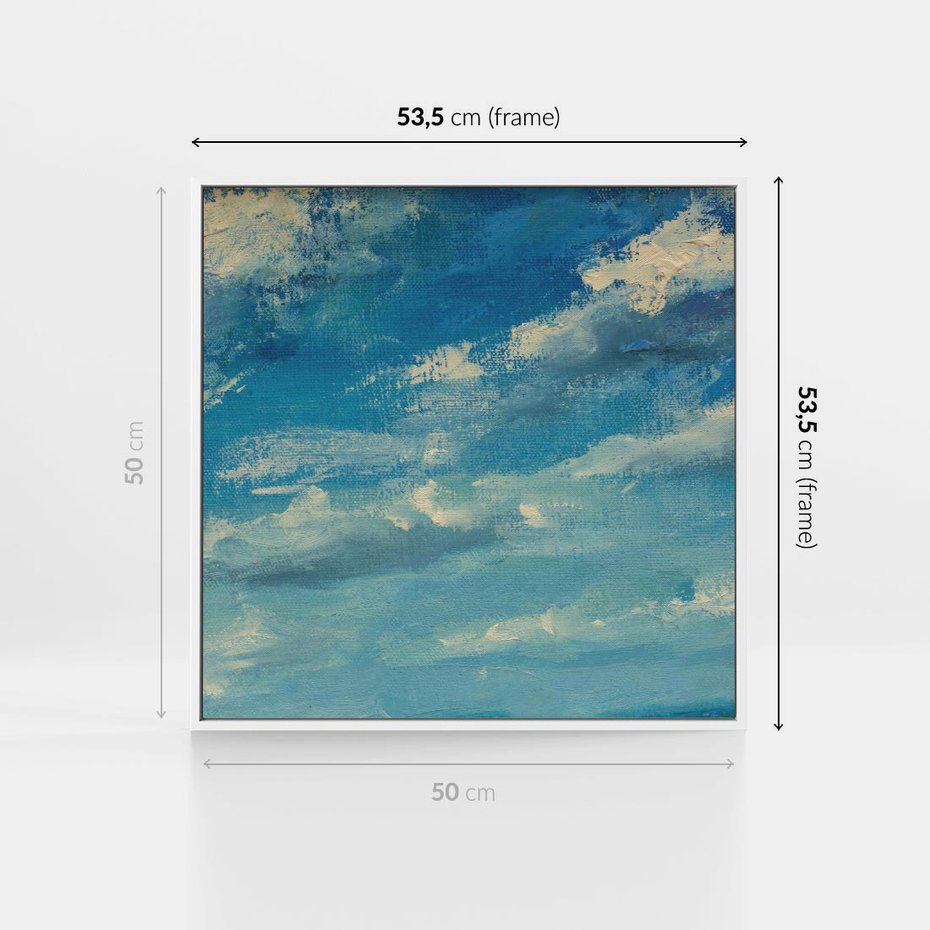 Obraz w ramie 50x50 - Oddechy niebiańskiej materii - olejny obraz, smugi farby przypominają obłoki na błękitnym niebie - rama biała