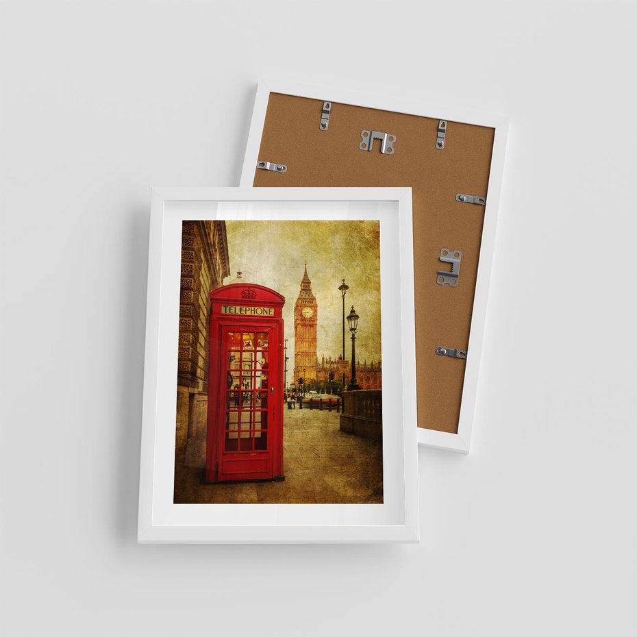 Plakat w ramie 30x40 - Ikoniczna budka telefoniczna w Londynie - sepia, budka - rama biała