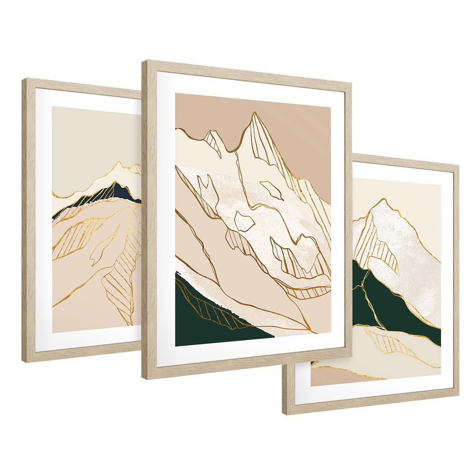 Zestaw obrazy w ramie 50x70 galeria - Złote, góry, abstrakcja, akwarela - rama drewno