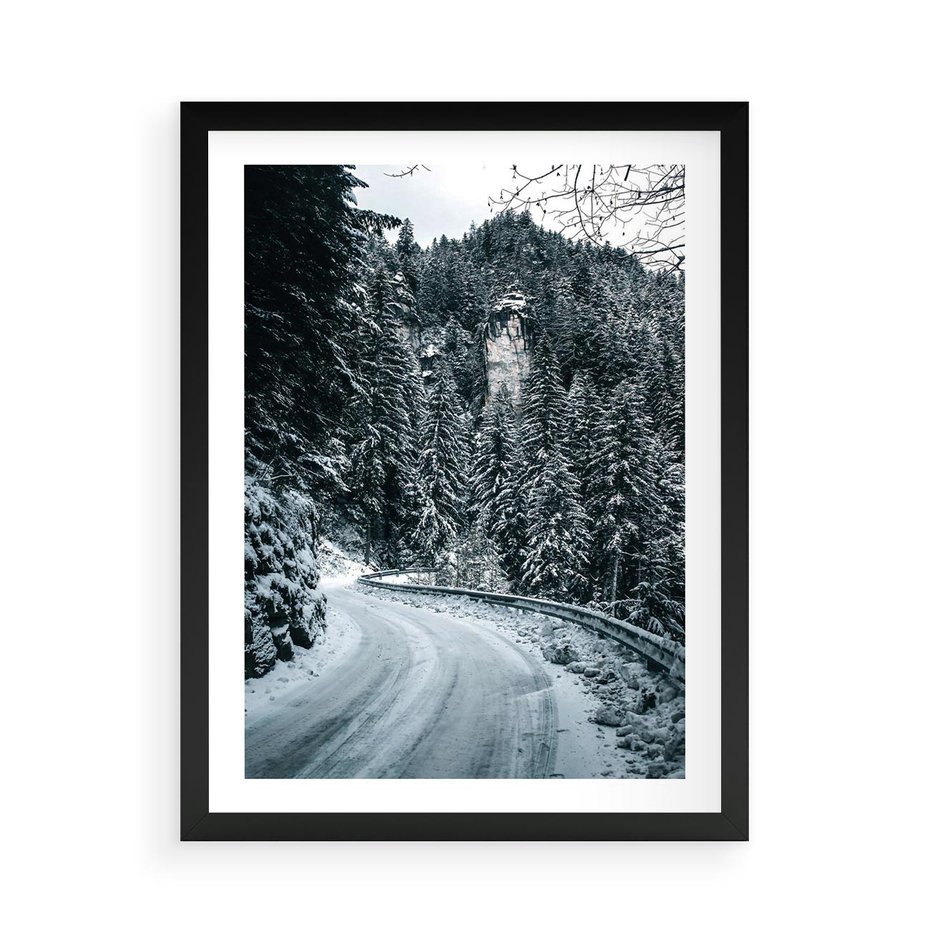 Plakat w ramie 50x70 - Zimowa Przygoda - zima w górach, droga - rama czarna