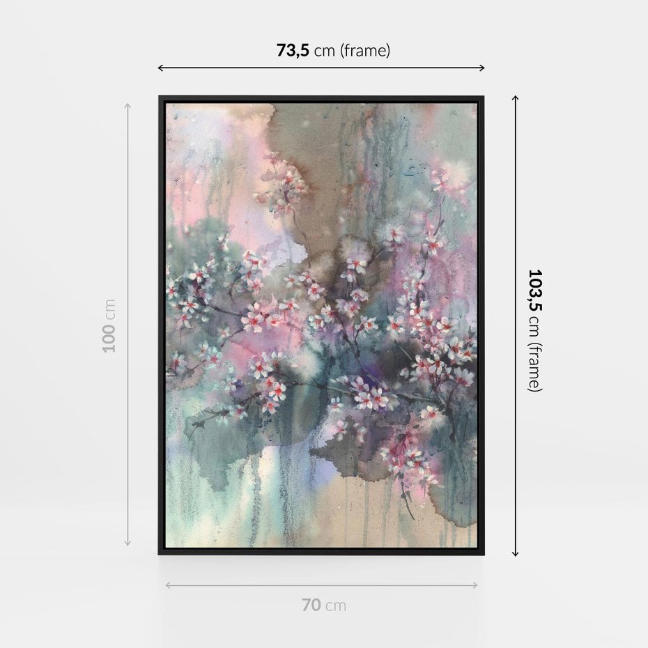 Obraz w ramie 70x100 - Efemeryczne Kwitnienie Drzew - akwarela, rozmyte pastelowe tłó - rama czarna