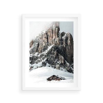 Plakat w ramie 30x40 - Górski Raj z Chatką - górskie szczyty, ośnieżone góry - rama biała
