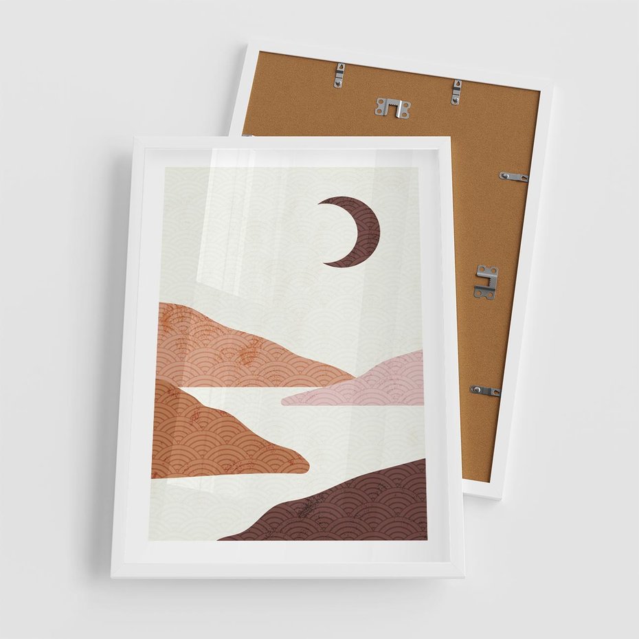 Plakat w ramie 50x70 - Księżycowa Refleksja - nowoczesna sztuka, góry - rama biała