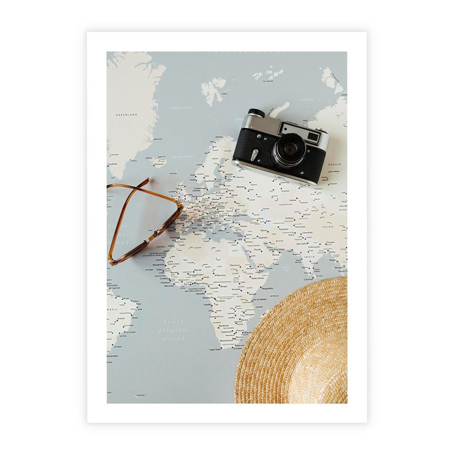 Plakat bez ramy 21x30 - Świat w Kadrze - mapa, aparat
