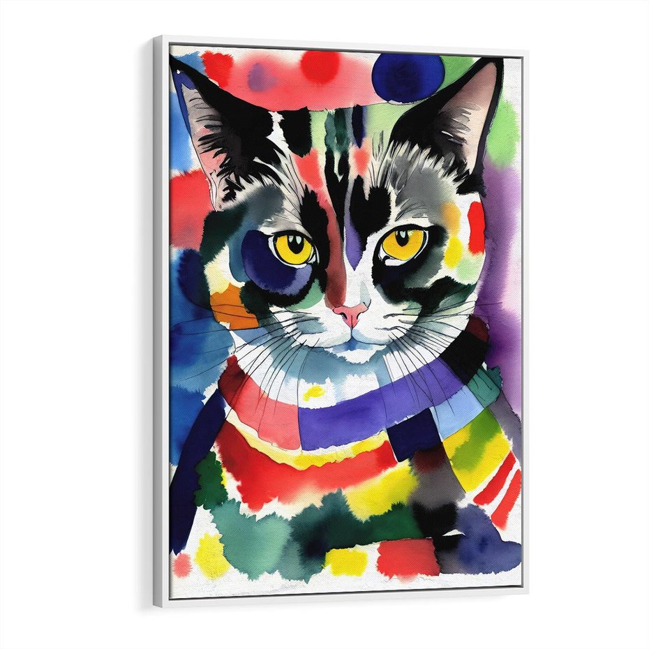 Obraz w ramie 50x70 - Koci Przyjaciel - abstrakcyjny obraz, akwarela - rama biała