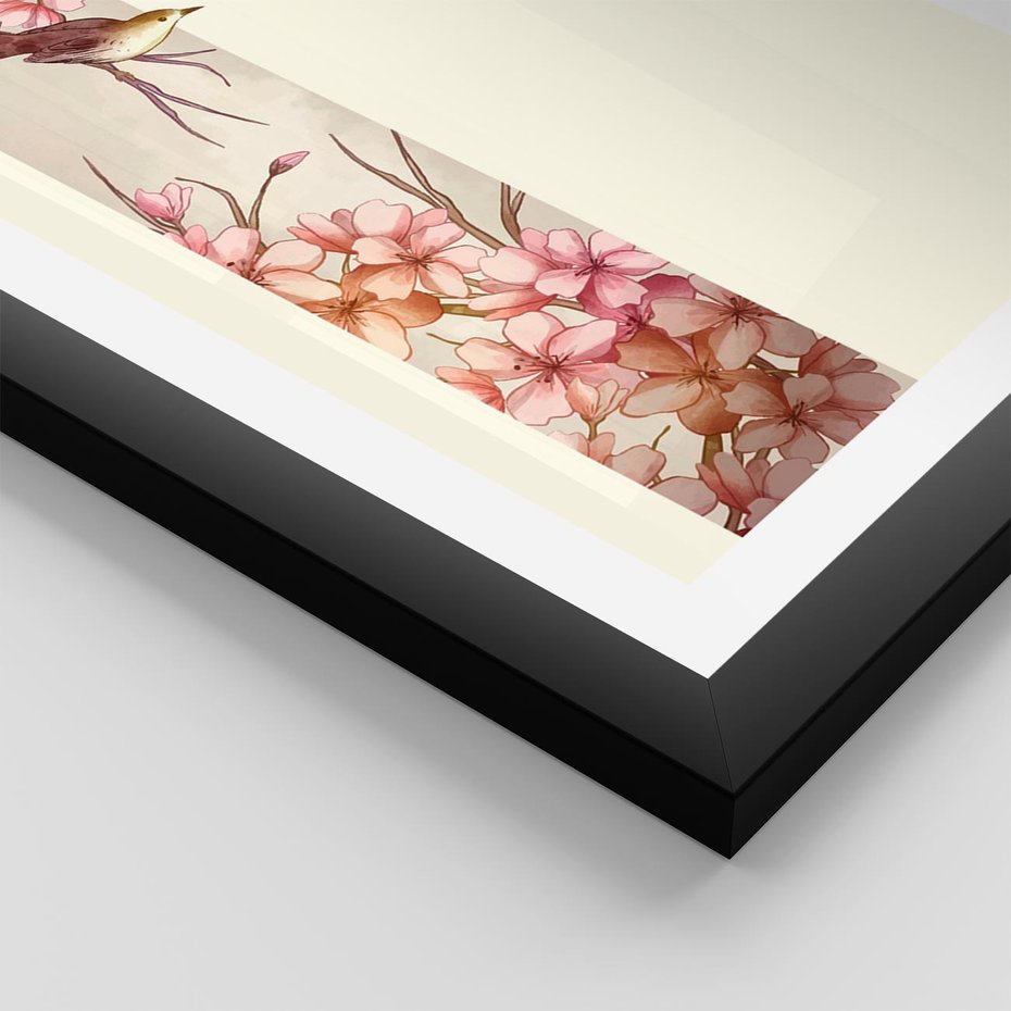 Plakat w ramie 50x70 - Rozkwitające Marzenia - japońska sztuka, ptak - rama czarna