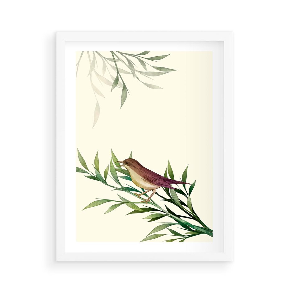 Plakat w ramie 50x70 - Roślinne Nastroje - japońska sztuka, ptak - rama biała