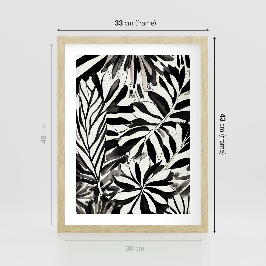 Plakat w ramie 30x40 - Czarne Liście - akwarelowy obraz, czarno biały - rama drewno