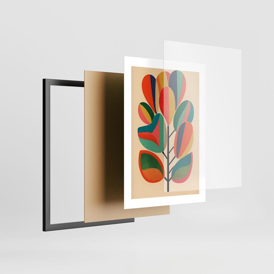 Plakat w ramie 30x40 - Wnętrza Kształtów - abstrakcyjny kolorowy tęczowy obraz, inspiracje roślinne - rama czarna