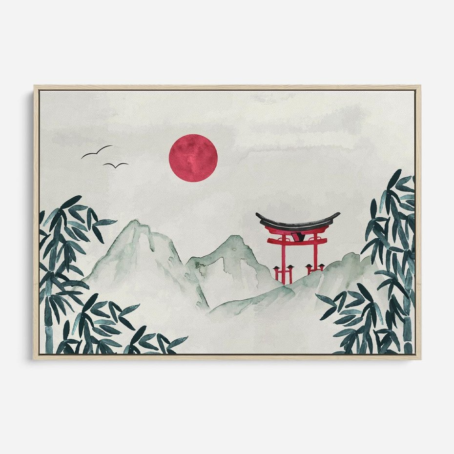 Obraz w ramie 120x80 - Słońce nad Górami - japoński krajobraz, góry - rama drewno