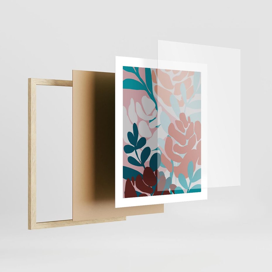Plakat w ramie 40x50 - Impresje Kształtów - abstrakcyjna kompozycja kwiatowych form, kolor zgaszone - rama drewno