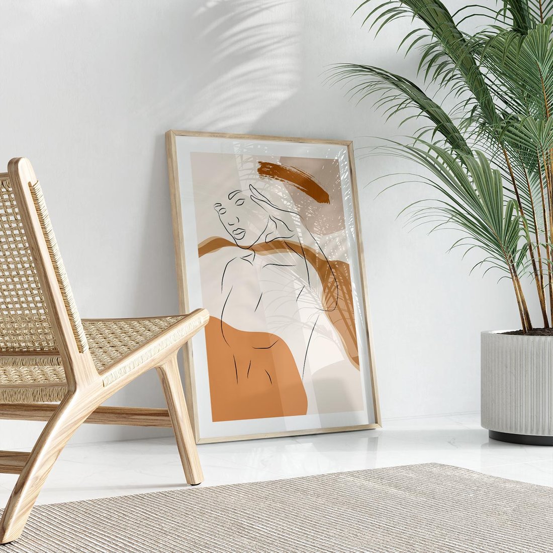 Plakat w ramie 50x70 - Sztuka Piękna w Beżach i Brązach - szkic jedną linią, naga kobieta - rama drewno