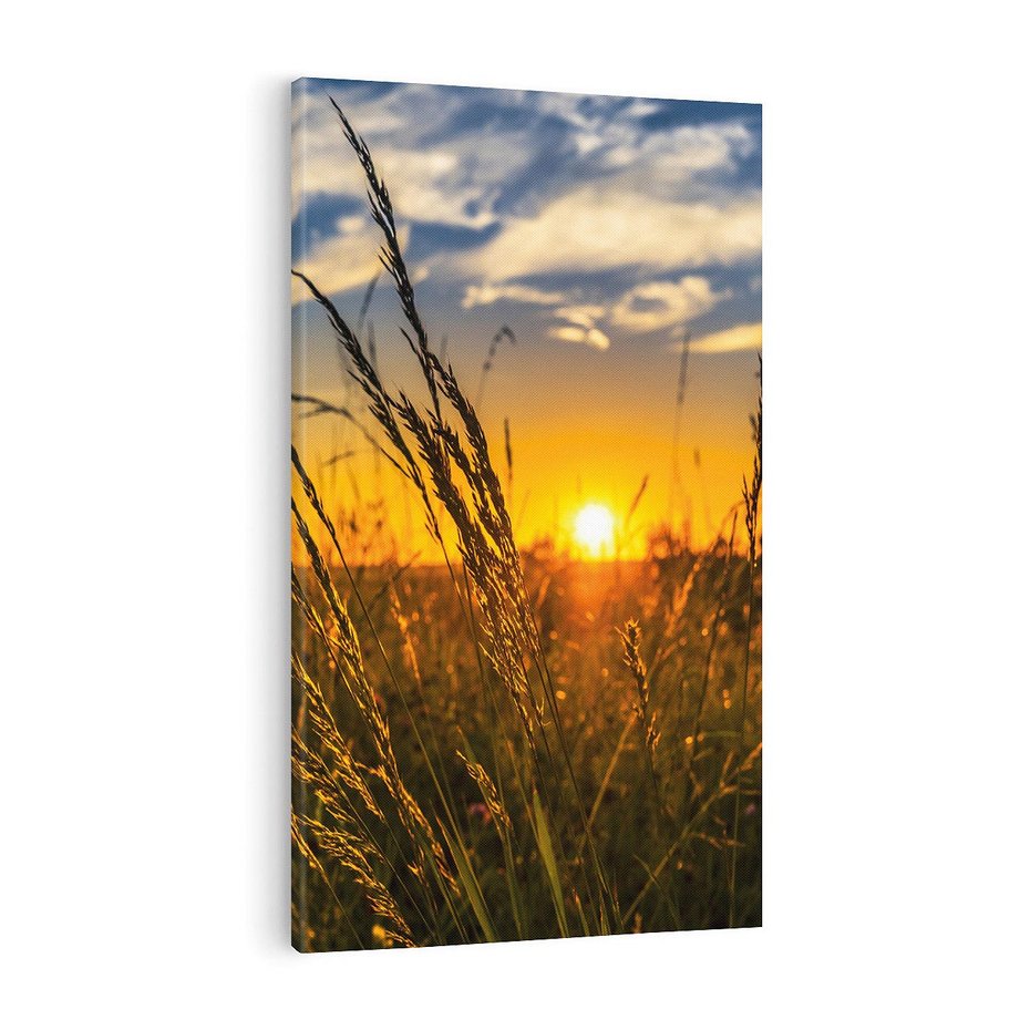 Obraz na płótnie 70x100 - "Zachód Słońca, Łąka - Magiczna Aura - zachód, słońca