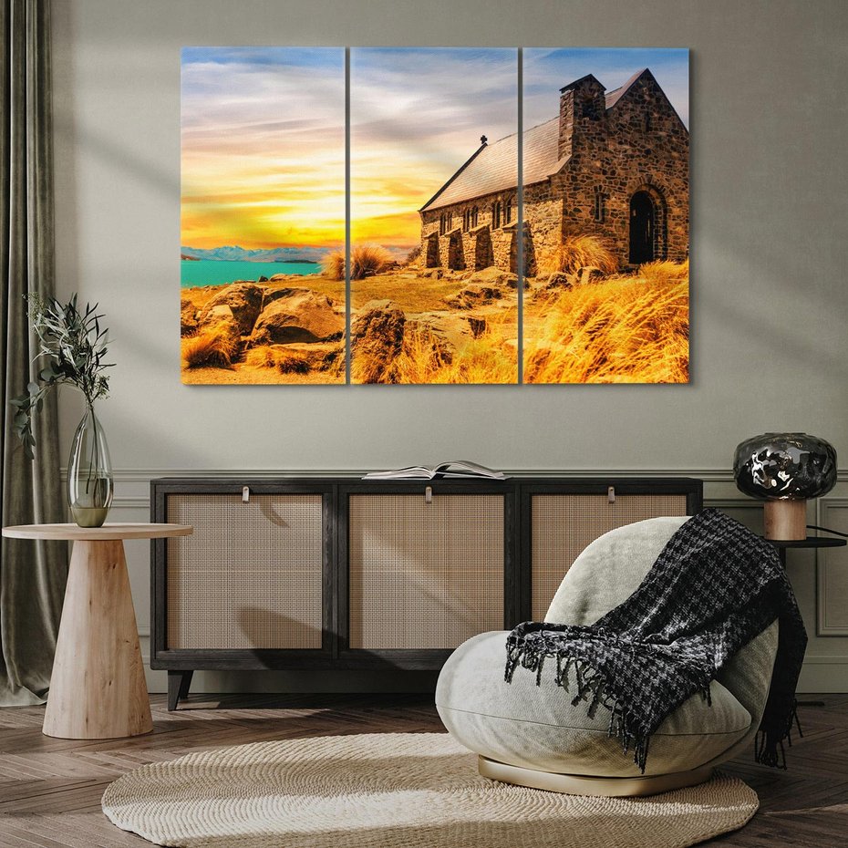 Obraz na płótnie 120x80 - Kościół, Jezioro, Góry - Spokój Ducha - kościół, jezioro