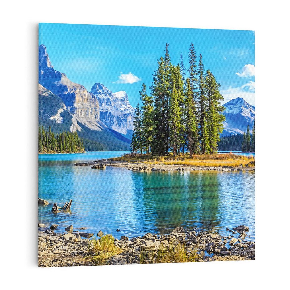 Obraz na płótnie 70x70 - spotkanie natury - góry, jezioro