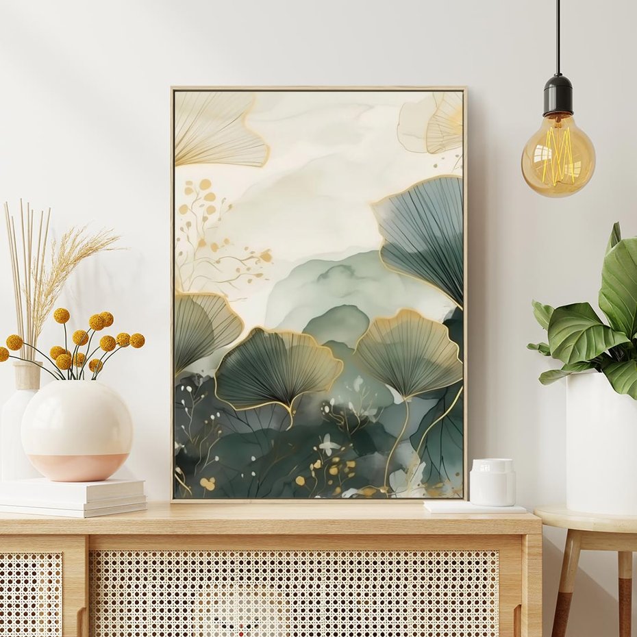 Obraz w ramie 50x70 - Natura w Złotym Odcieniu - złote elementy, liście miłorzębu japońskiego - rama drewno